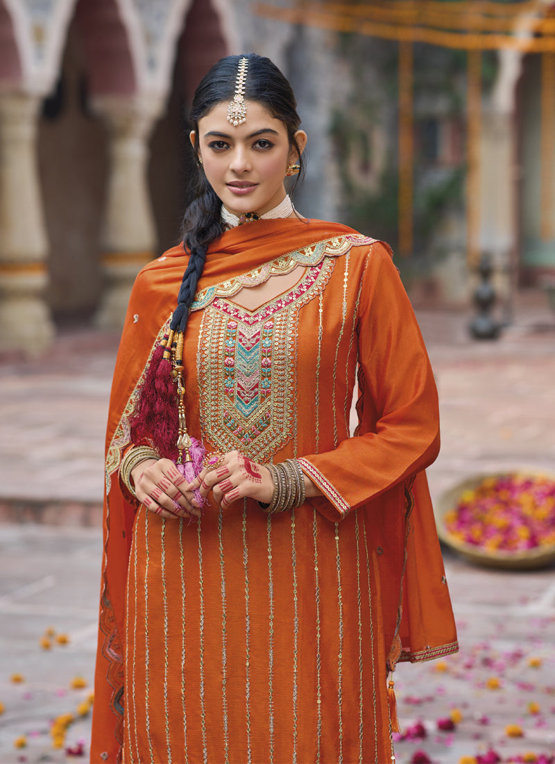 Orange Chinon Silk Embroidered Designer Palazzo Suit
