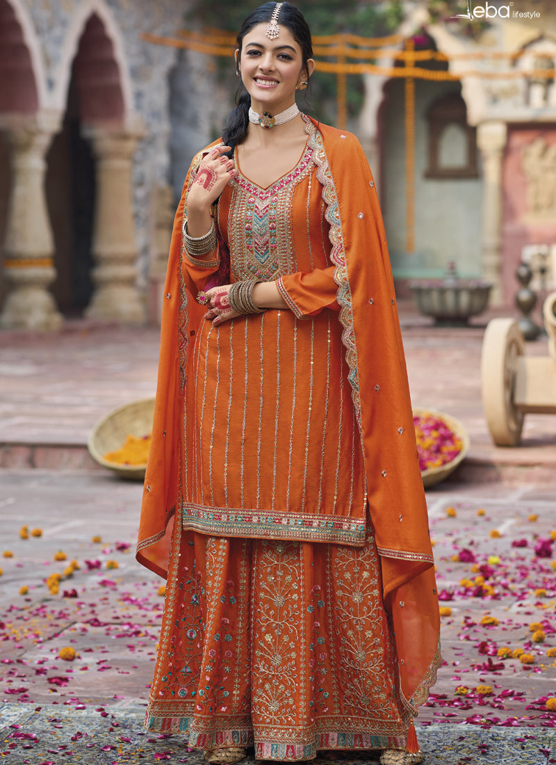Orange Chinon silk designer palazzo suit featuring detailed embroidery work