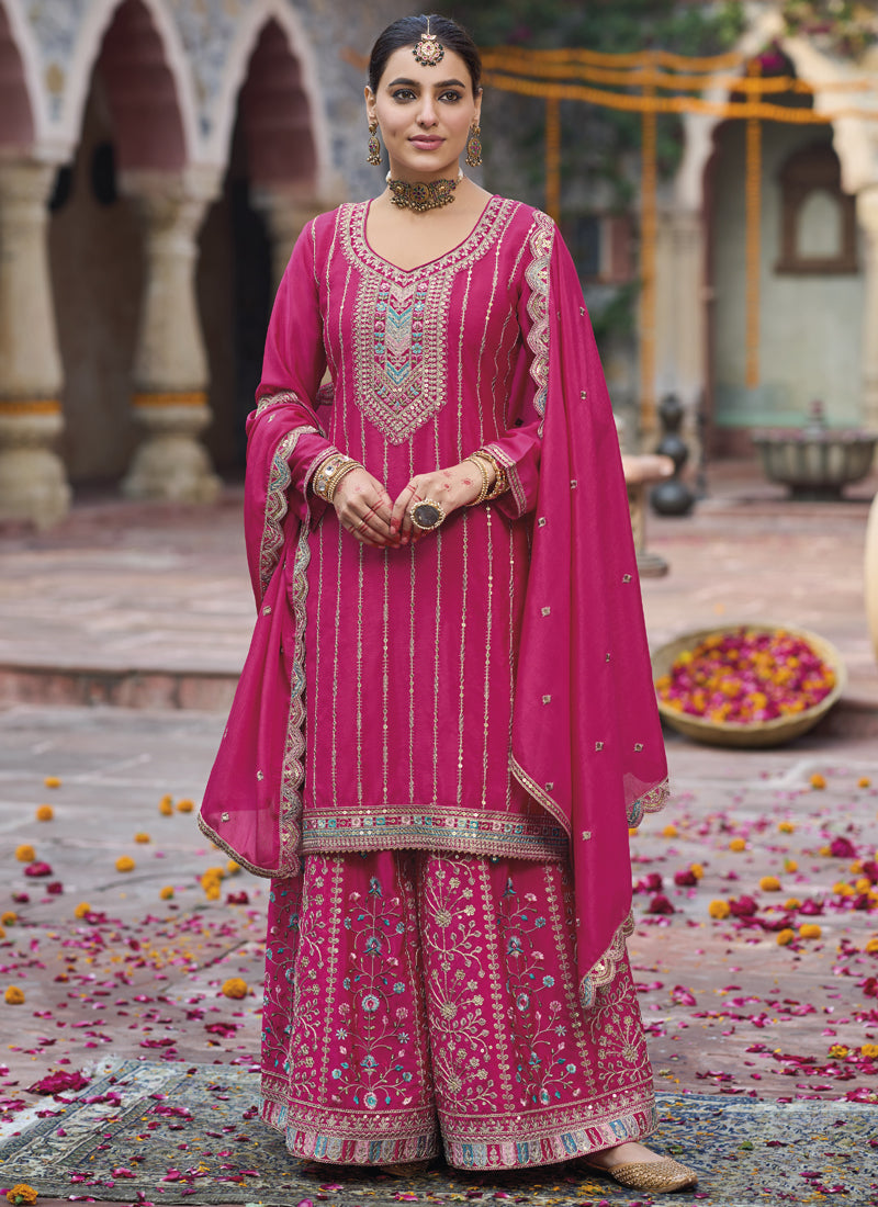 Pink Chinon Silk Embroidered Designer Palazzo Suit