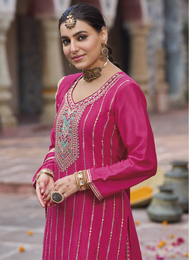 Pink Chinon Silk Embroidered Designer Palazzo Suit