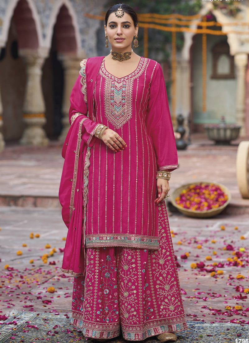 Pink Chinon silk designer palazzo suit with detailed embroidery and elegant drape