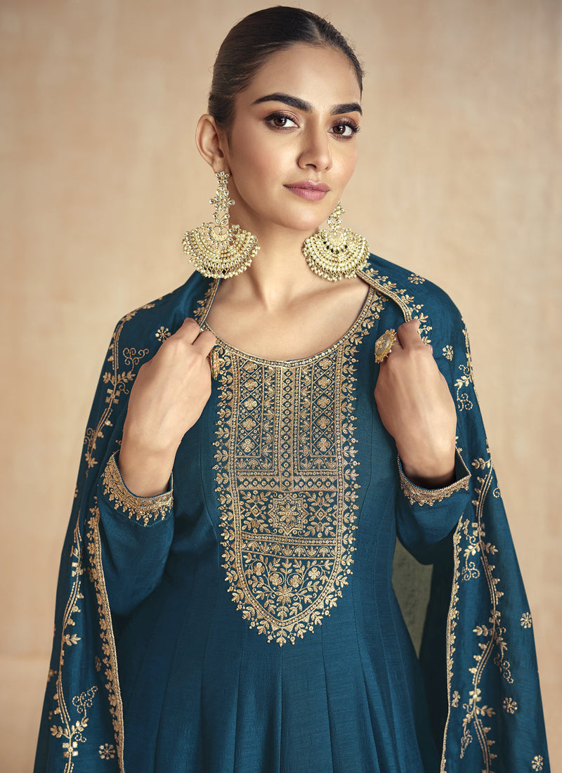 Aqua Blue Silk Embroidered Anarkali Suit with Zari & Sequence
