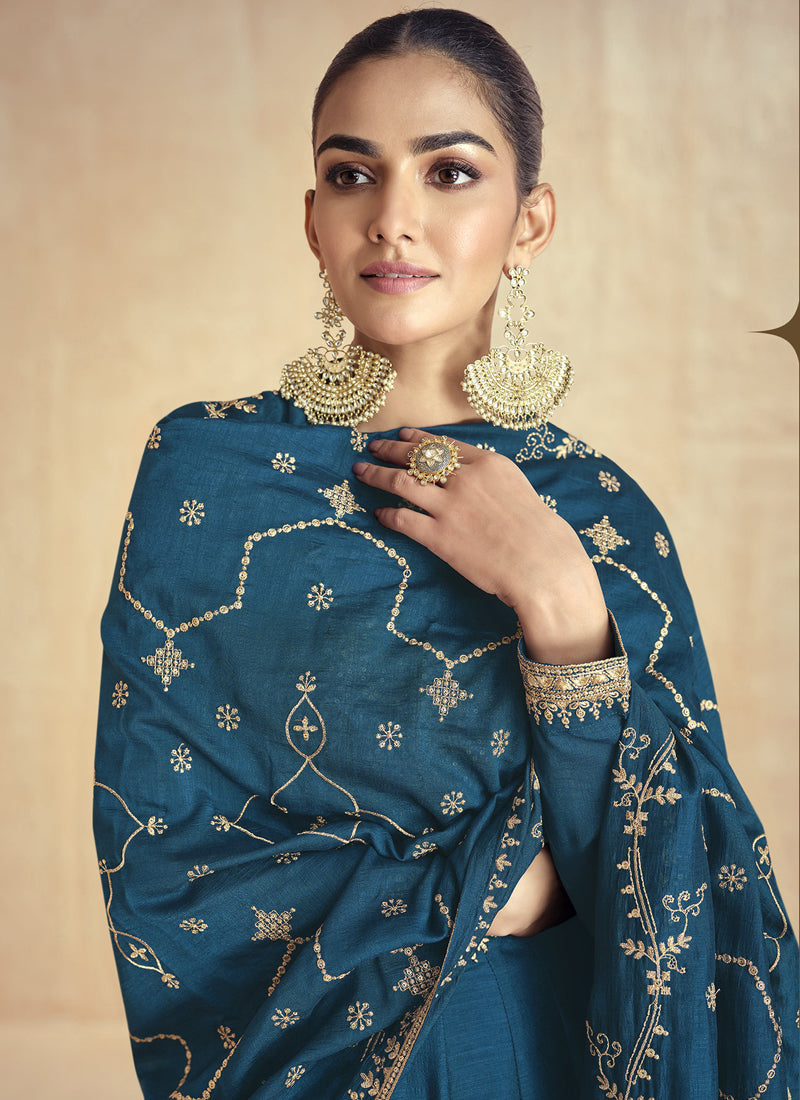 Aqua Blue Silk Embroidered Anarkali Suit with Zari & Sequence