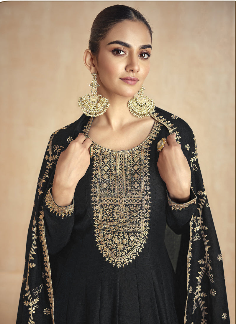 Black Silk Embroidered Anarkali Suit with Gota Patti & Sequence