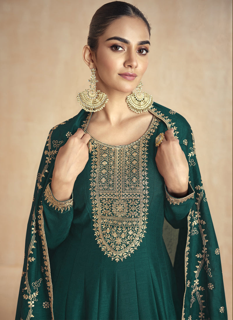 Green Silk Embroidered Anarkali Suit with Zari and Gota Patti