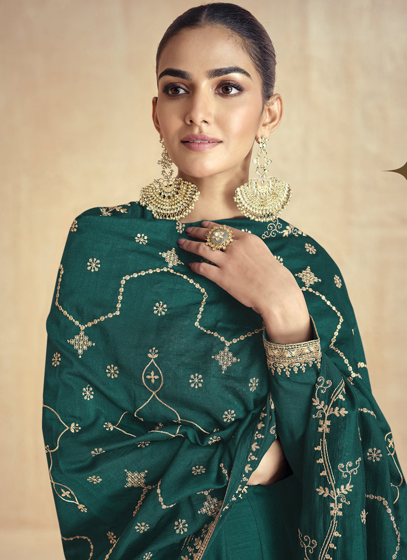 Green Silk Embroidered Anarkali Suit with Zari and Gota Patti