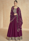 Wine silk Anarkali suit with intricate gold gota patti and resham thread embroidery for festive events