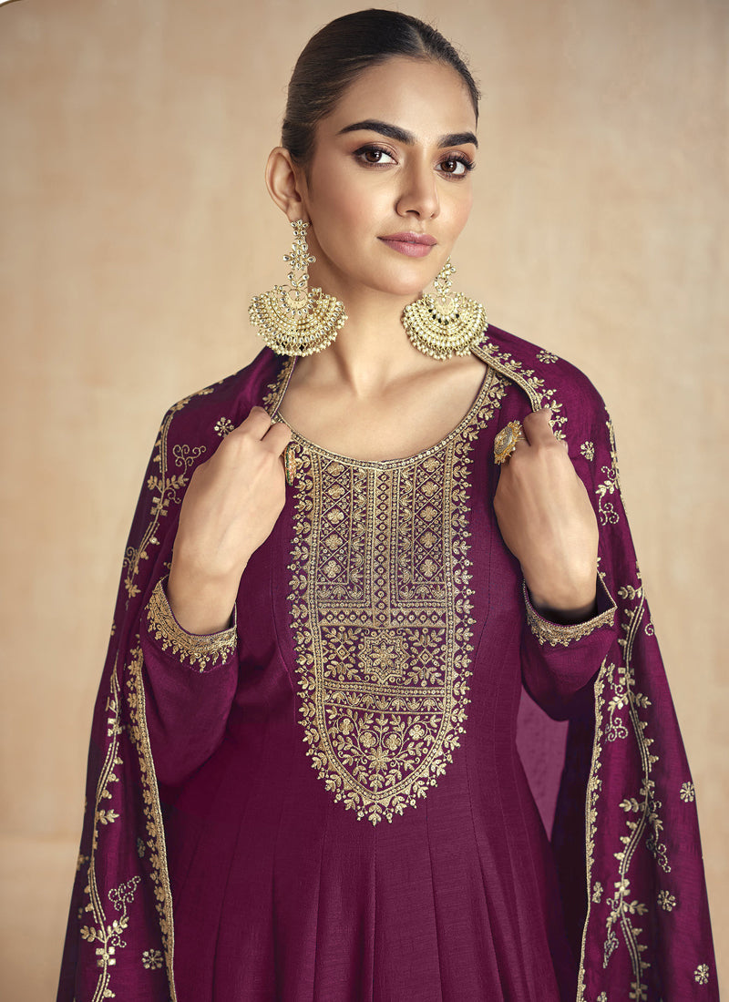 Wine Silk Embroidered Anarkali Suit for Wedding and Festive Wear