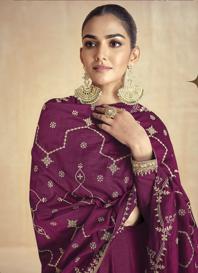Wine Silk Embroidered Anarkali Suit for Wedding and Festive Wear