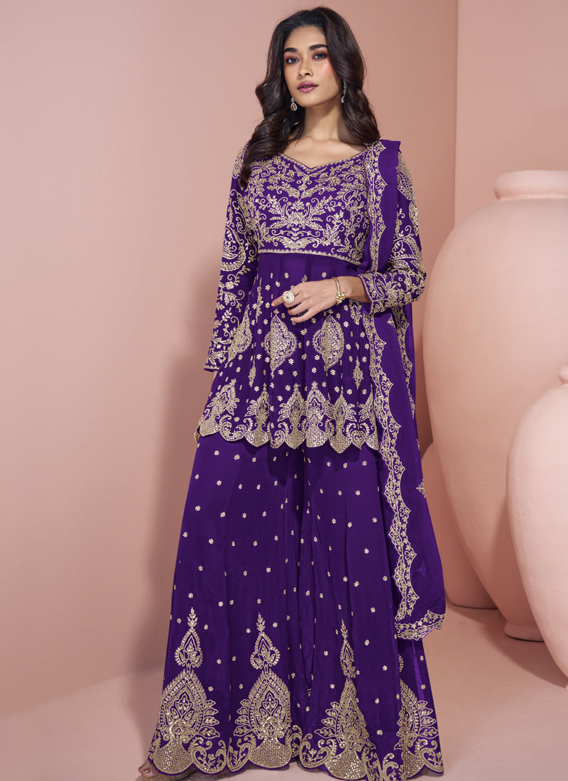 Violet georgette designer sharara suit with intricate gold gota patti and embroidery