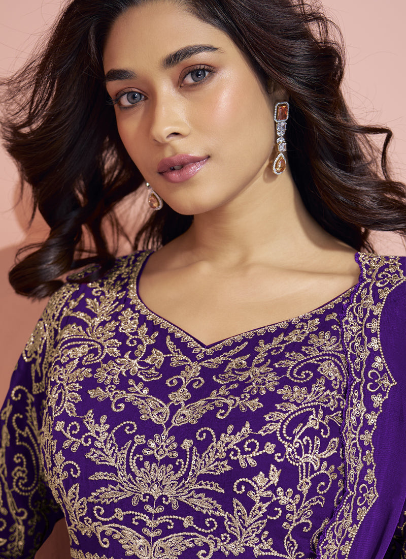 Violet Georgette Embroidered Designer Sharara Suit