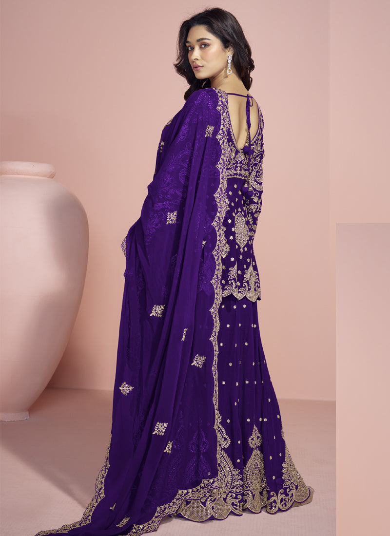 Violet Georgette Embroidered Designer Sharara Suit