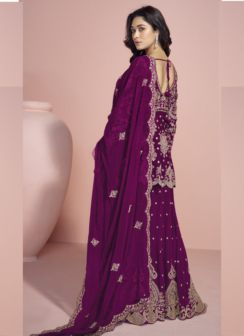 Wine Georgette Embroidered Designer Sharara Suit