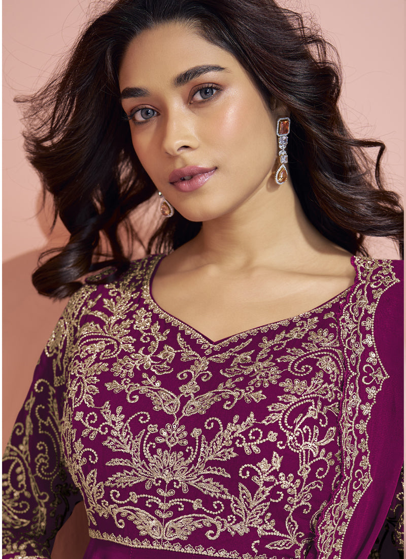 Wine Georgette Embroidered Designer Sharara Suit