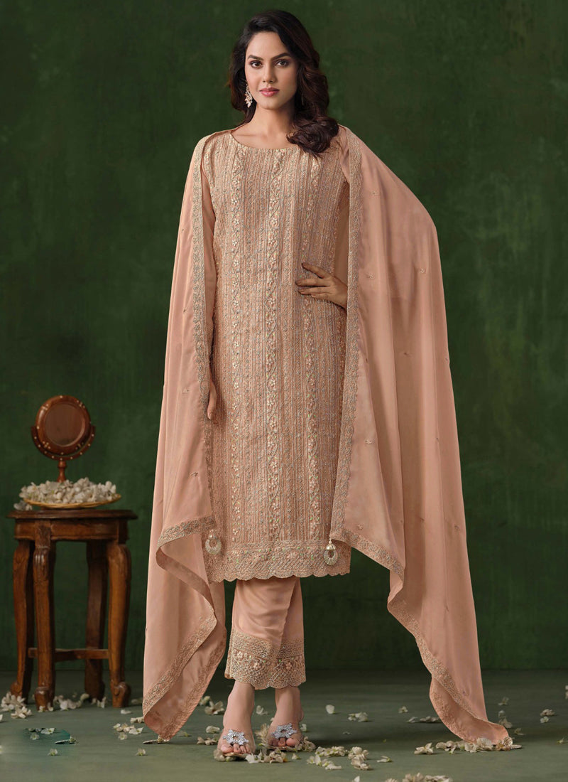 Elegant beige Rangoli silk salwar suit with intricate sequence and resham thread embroidery for festive occasions