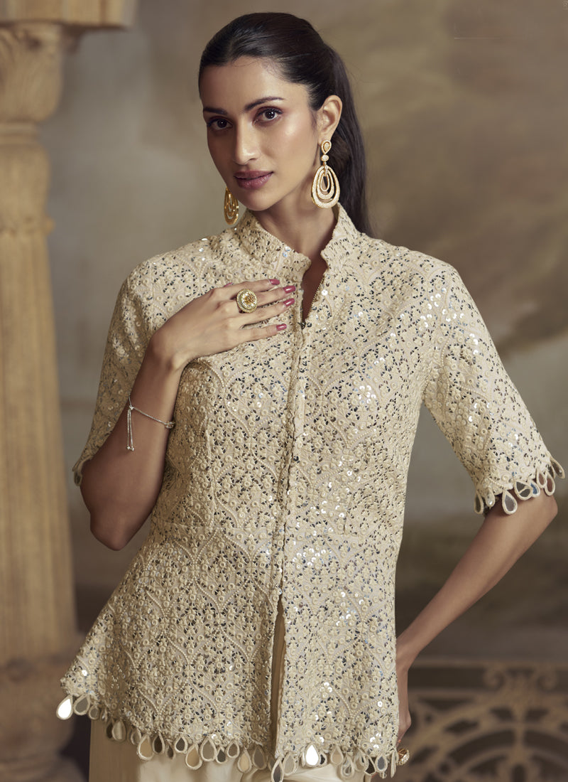 Cream Georgette Embroidered Palazzo Suit for Festive Wear