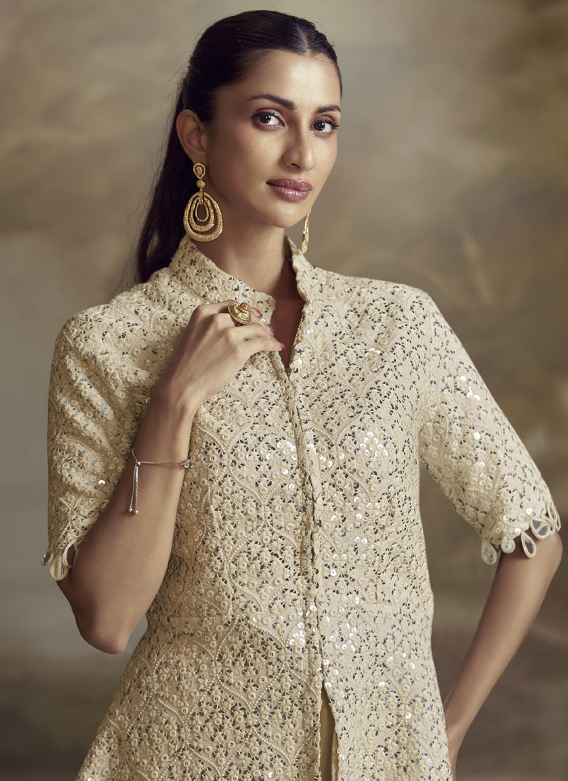Cream Georgette Embroidered Palazzo Suit for Festive Wear
