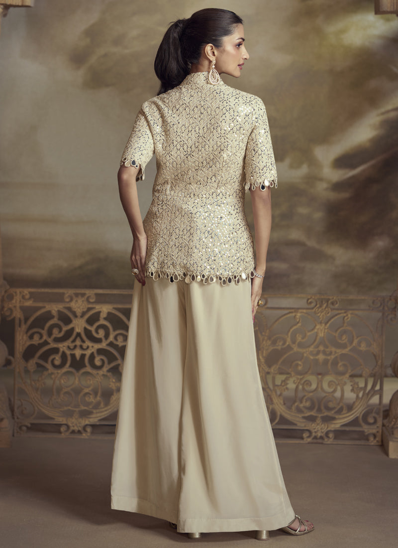 Cream Georgette Embroidered Palazzo Suit for Festive Wear