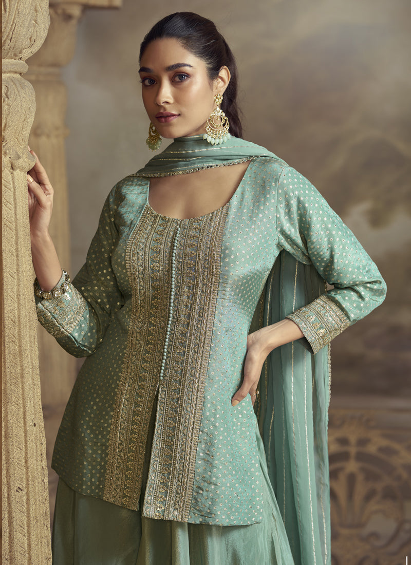 Sky Blue Viscose Butti Embroidered Palazzo Suit for Weddings
