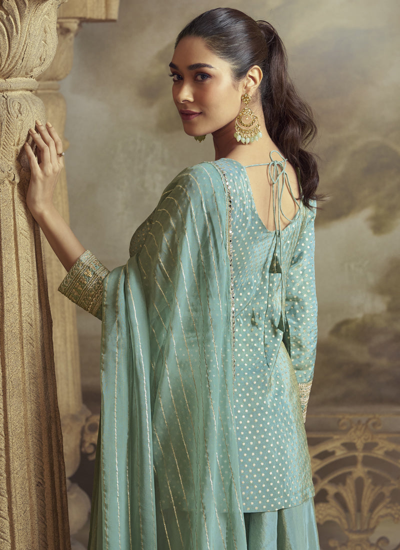 Sky Blue Viscose Butti Embroidered Palazzo Suit for Weddings