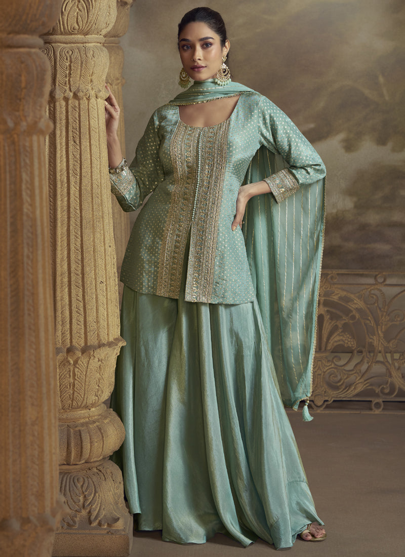 Sky blue viscose palazzo suit featuring intricate gota patti and butti embroidery for weddings