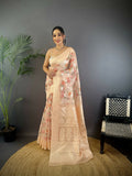 Beige Banarasi silk saree featuring intricate floral motifs with unstitched blouse fabric