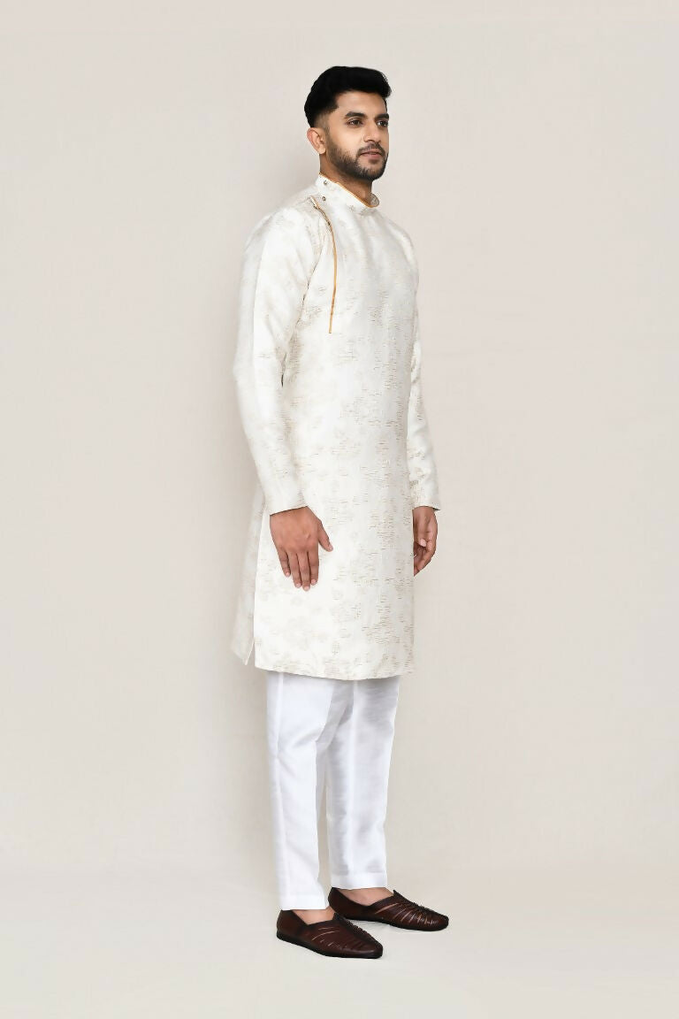 Cream Jacquard Silk Kurta with Straight Fit Pant
