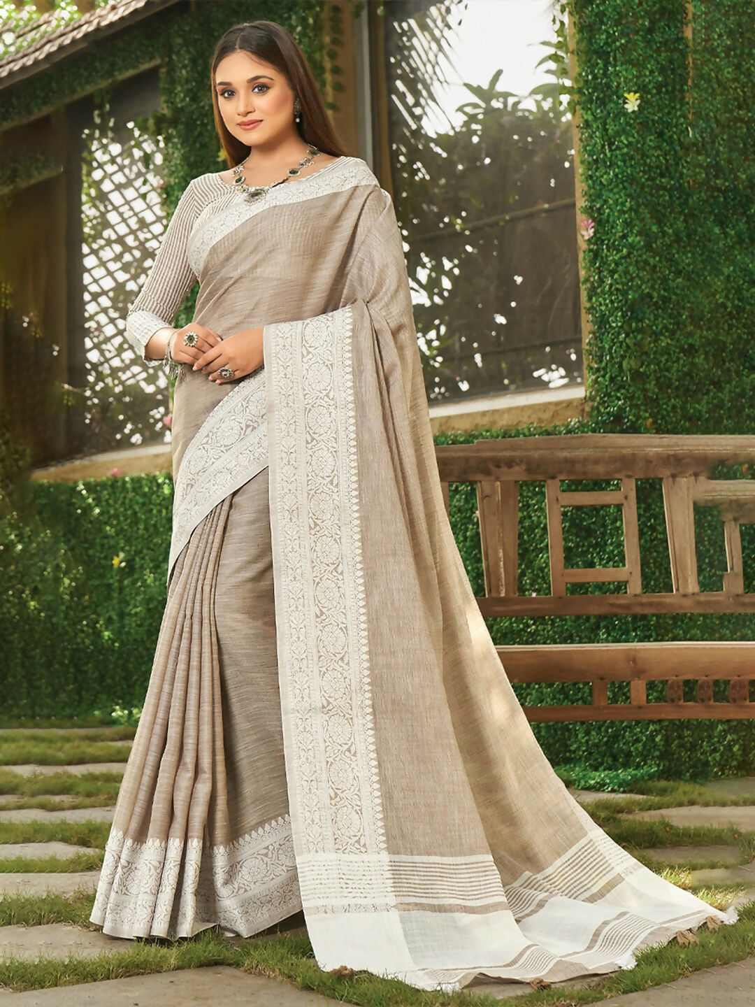 Light brown linen saree with matching blouse