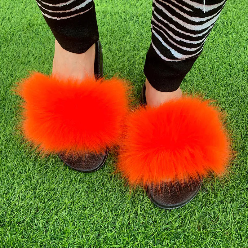Women's Multicolored Faux Fur Flat Slippers Cozy Open Toe Slides