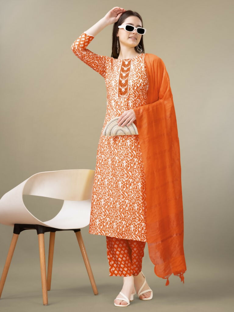 Women's Orange Rayon Straight Kurta Set with Embroidery & Dupatta