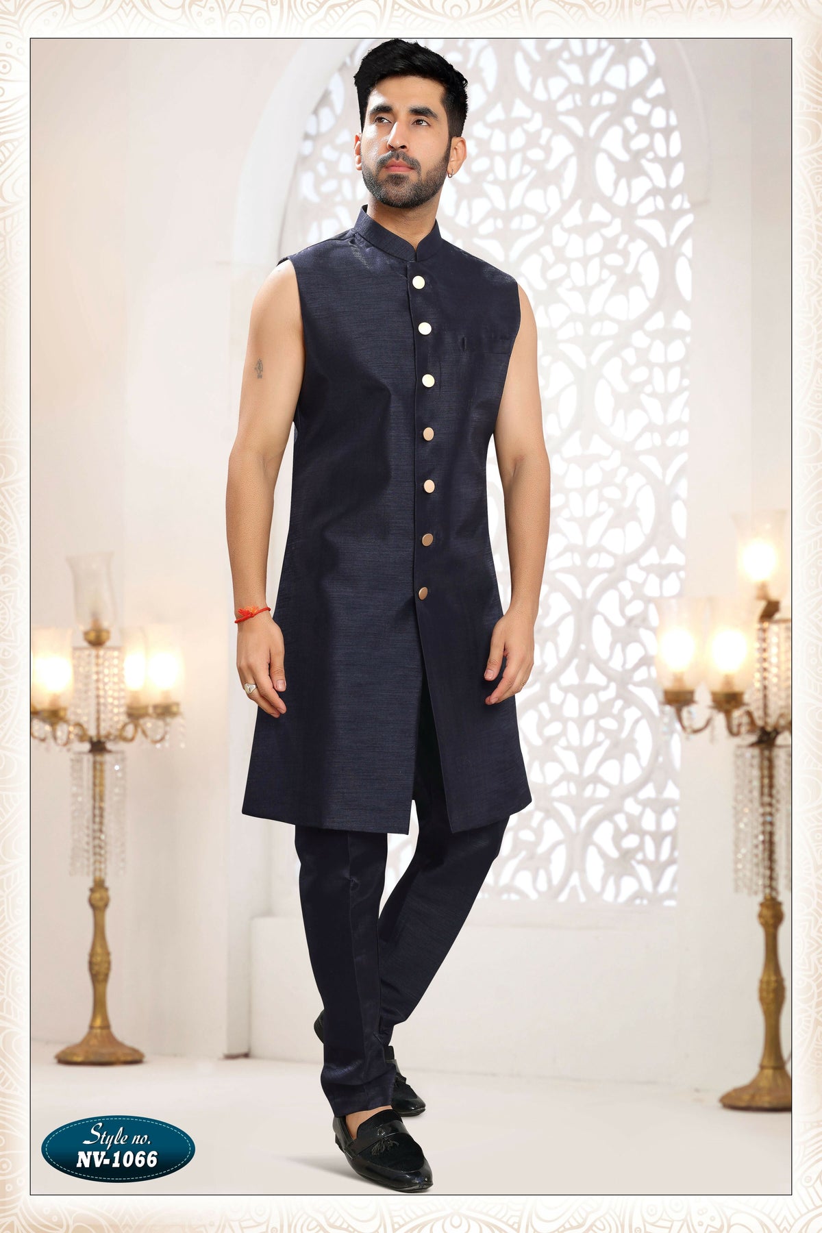 Men's Blue Straight Silk Kurta Set with Thread & Sequence Work