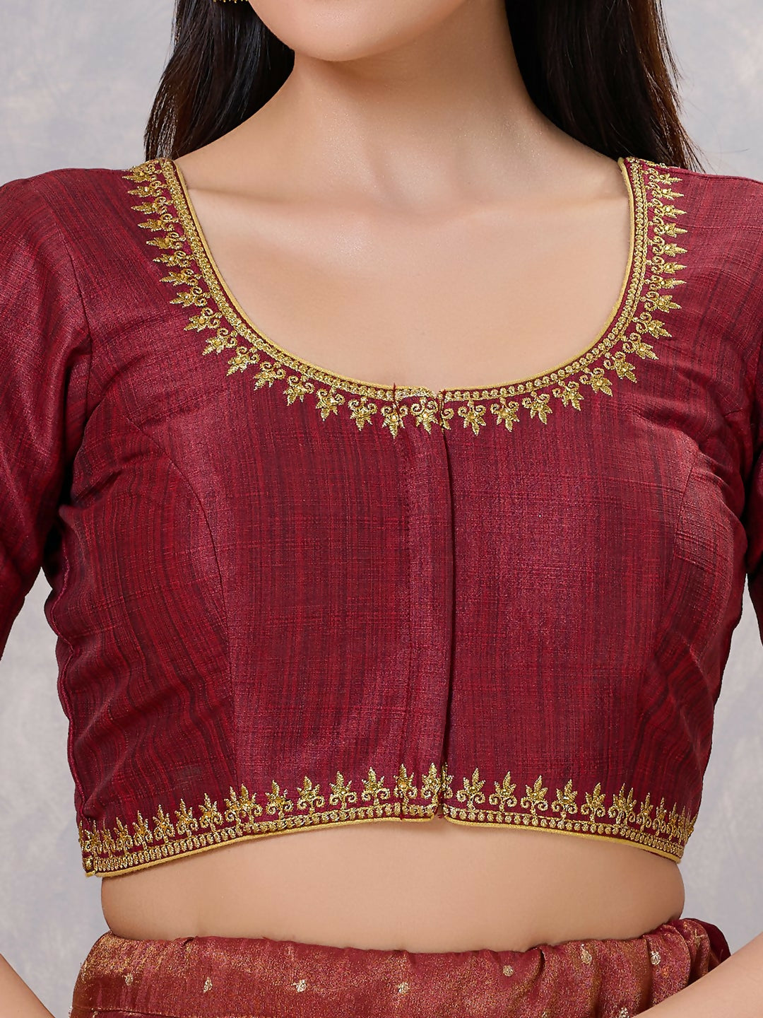 Women's Dark-Maroon Silk Stitched Blouse with Elegant Embroidery