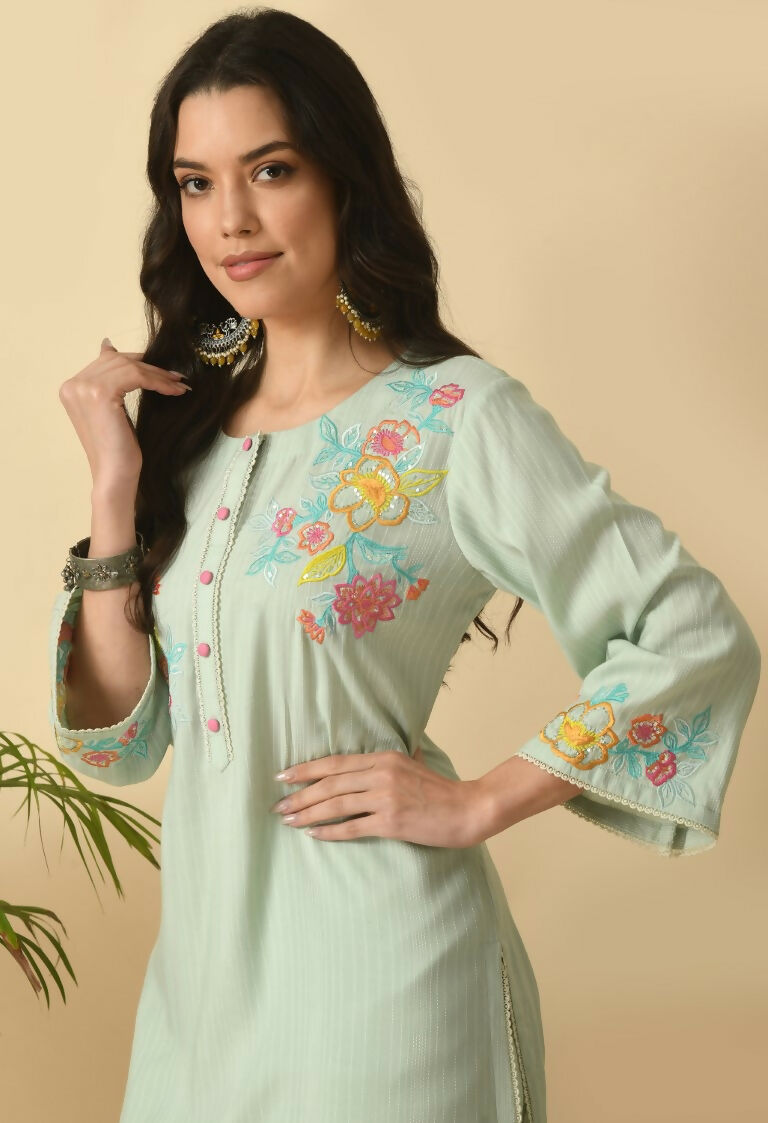 Light Green Cotton Rayon Kurta Set for Women - Ethnic Wear