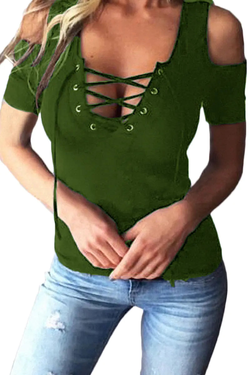 Women's Black Off-Shoulder Short Sleeve Lace Up Front Top - Image 21