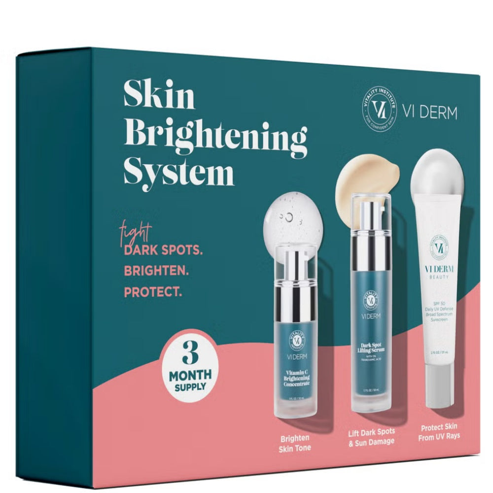 VI Derm 3-piece skin brightening system featuring serums and SPF in teal and pink packaging.