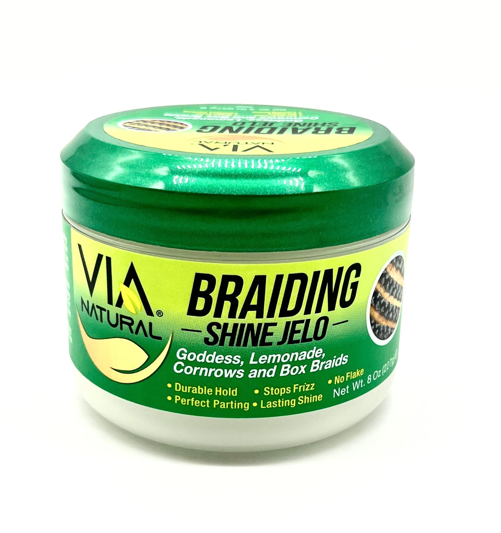 8 oz jar of Via Natural Braiding Shine Jelo Gel for professional braiding and styling