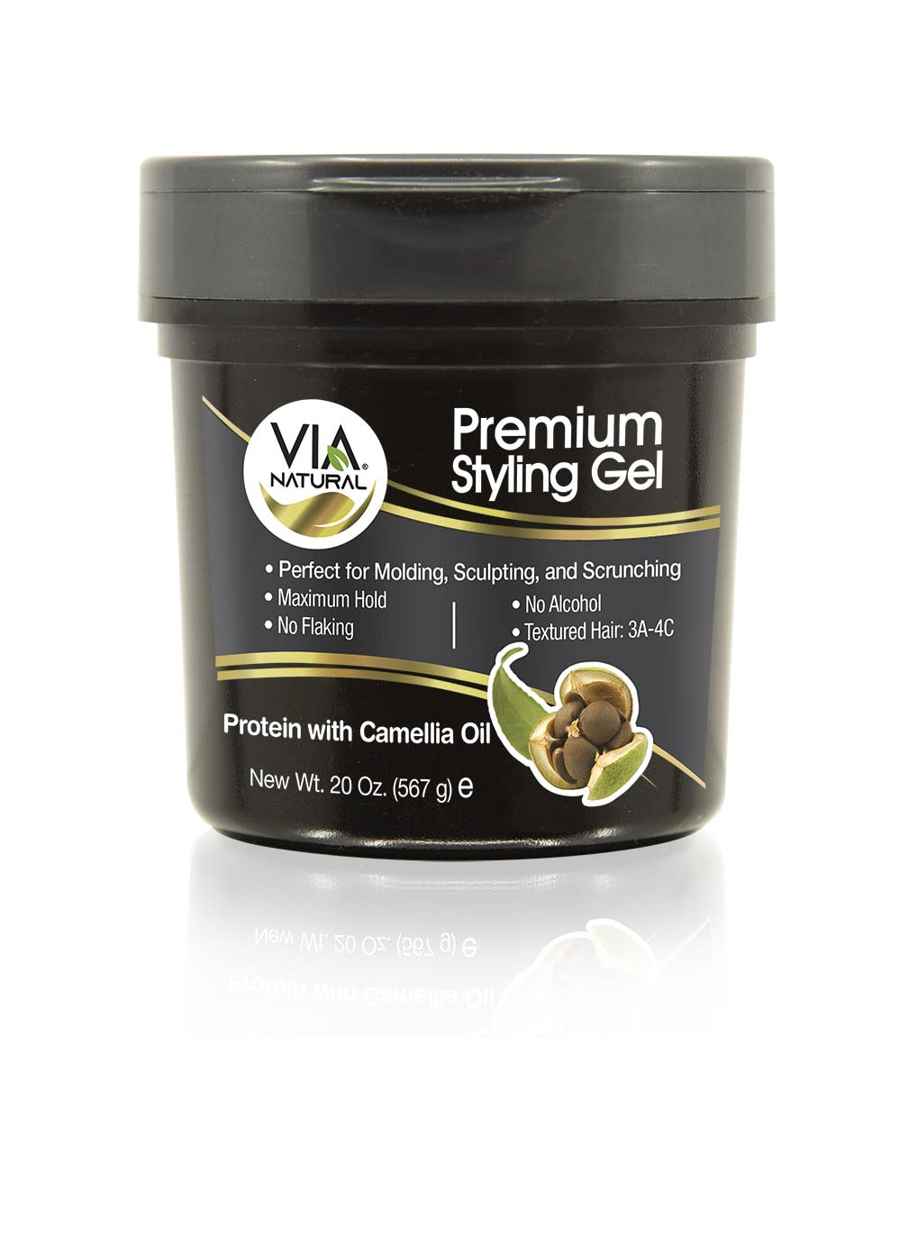 20 oz jar of Via Natural Premium Styling Gel with black and gold branding