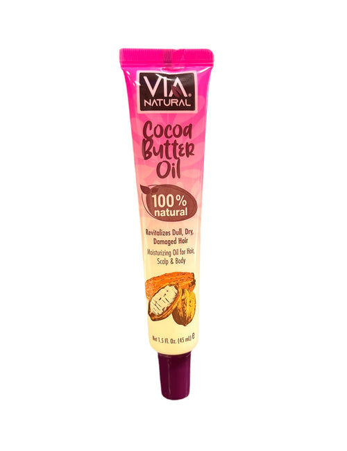 1.5 oz bottle of Via Natural Cocoa Butter Hair Oil with pink and cream packaging