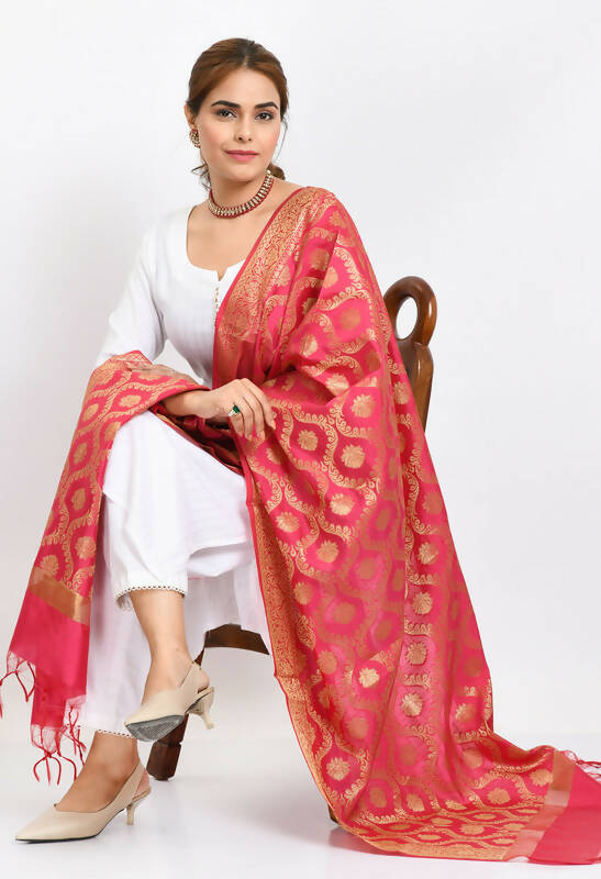Pink Banarsi Silk Dupatta with Traditional All-Over Woven Design
