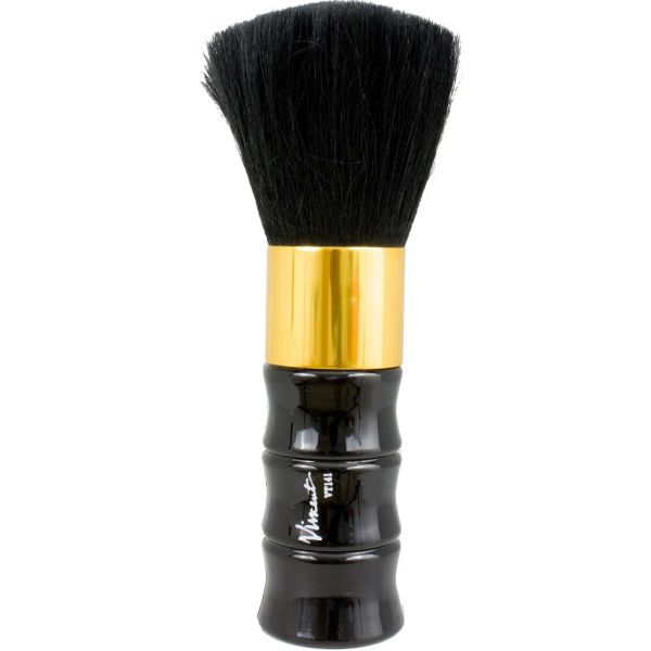 Vincent neck duster with black goat hair bristles and bamboo-styled handle with gold accents