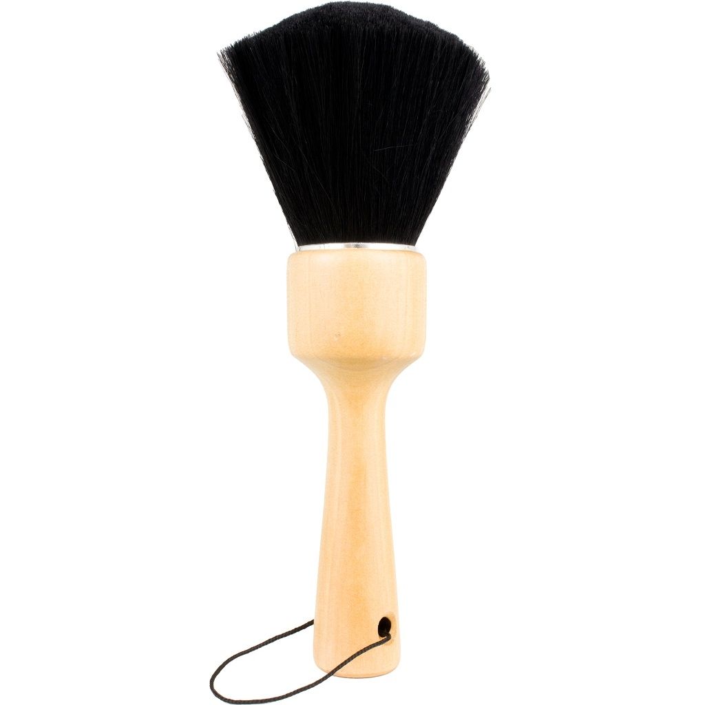 Professional 8-inch barber neck duster with glossy wood handle and goat hair bristles