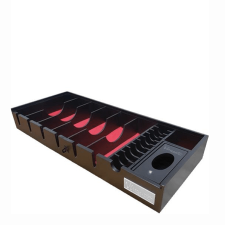 Vincent black bamboo barber counter top tray featuring 17 compartments and a slide-out lockable lid.