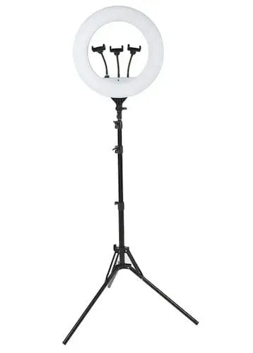 Professional 18-inch Yanaki ring light with stand, featuring a sleek modern black and white aesthetic for home offices.