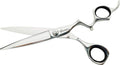 Close up of 6.75 inch Vincent Conduttore Japanese stainless steel hair cutting shears with ergonomic offset handle