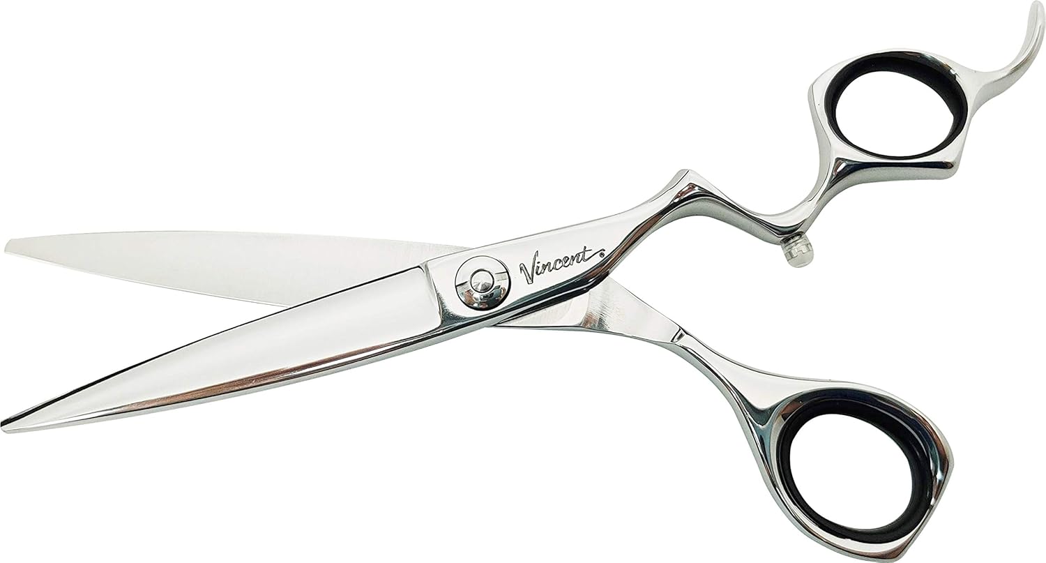 Close up of 6.75 inch Vincent Conduttore Japanese stainless steel hair cutting shears with ergonomic offset handle