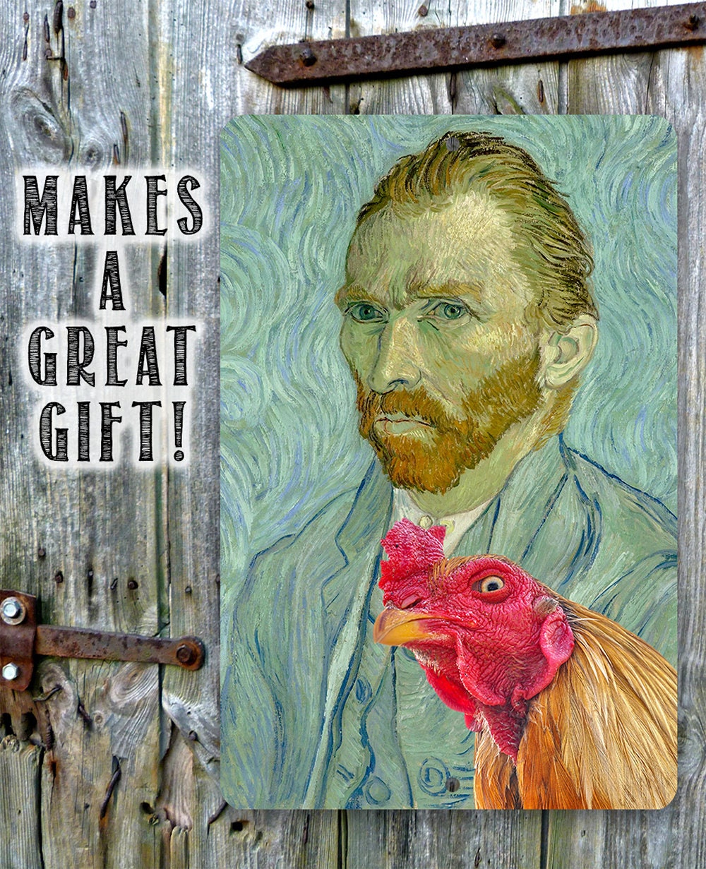 Vincent Van Gogh Self Portrait Painting - Interrupted by Rooster - Metal Sign