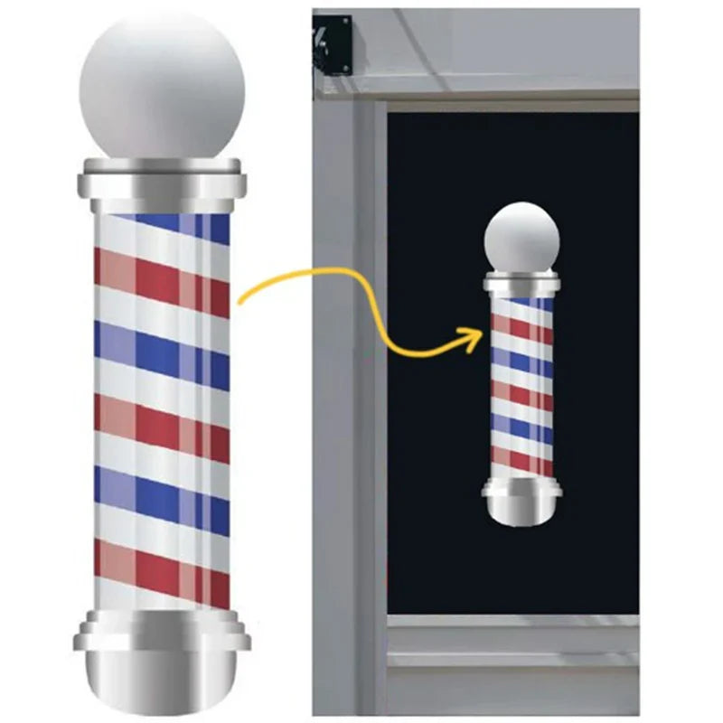 Classic barber pole window decal measuring 10 by 35 inches in weatherproof vinyl for barber shop storefronts.