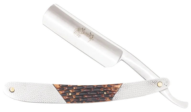 Yanaki straight razor with metallic silver blade and brown cow bone textured handle inside wooden storage case.