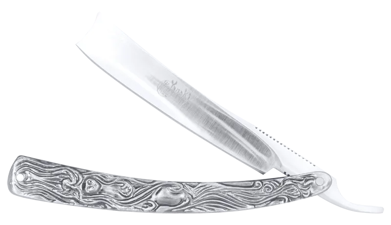 Yanaki straight razor with silver metallic blade and wooden storage case