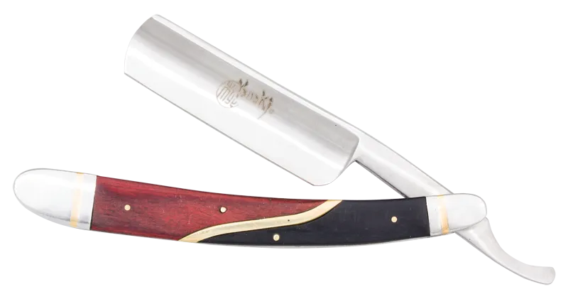 Yanaki Permanent Blade Straight Razor featuring a Mahogany and Black handle with a wooden storage box.